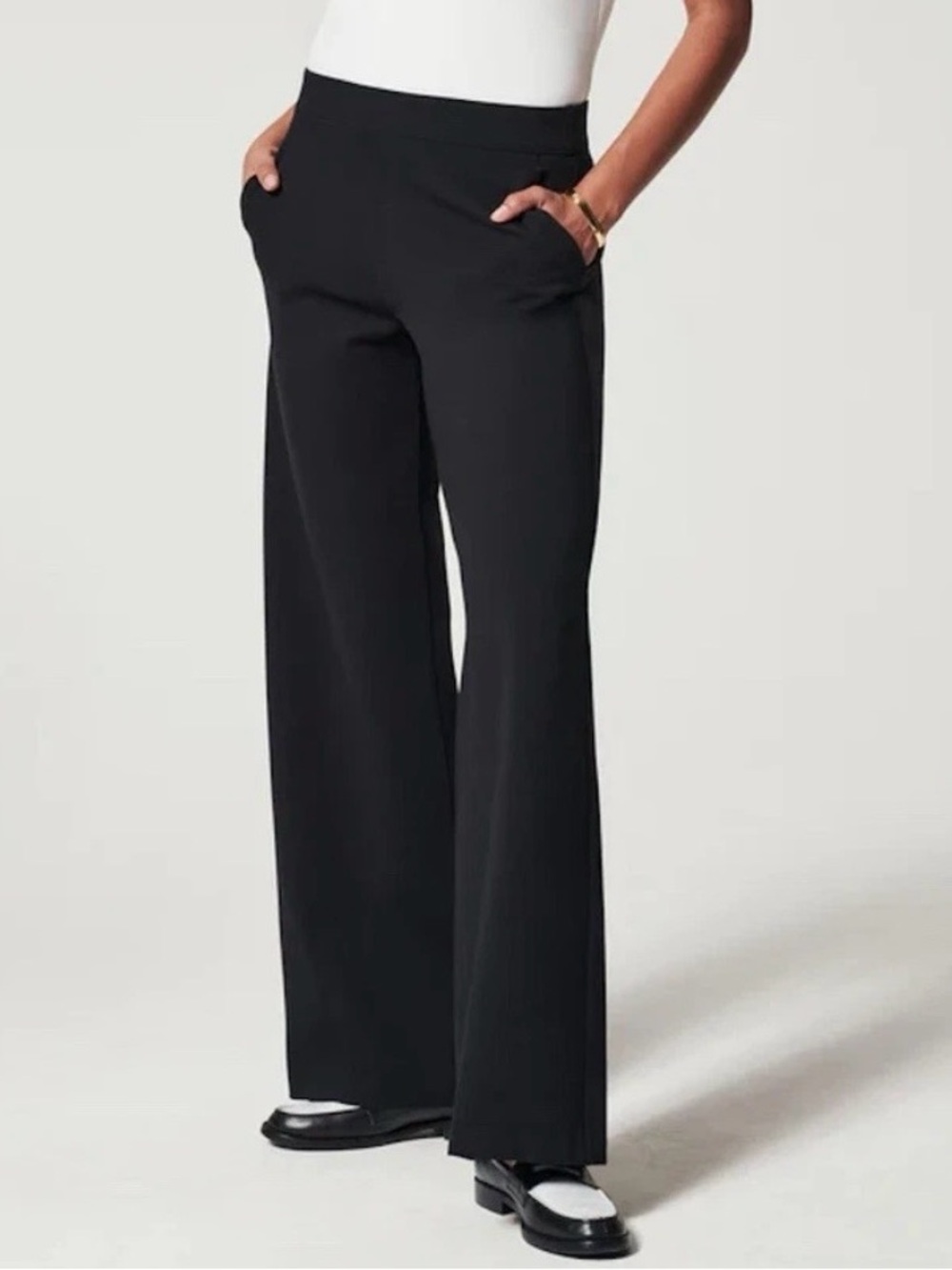 NWT SPANX PerfectFit Ponte Wide Leg Pants Black Size M Pull On Pockets